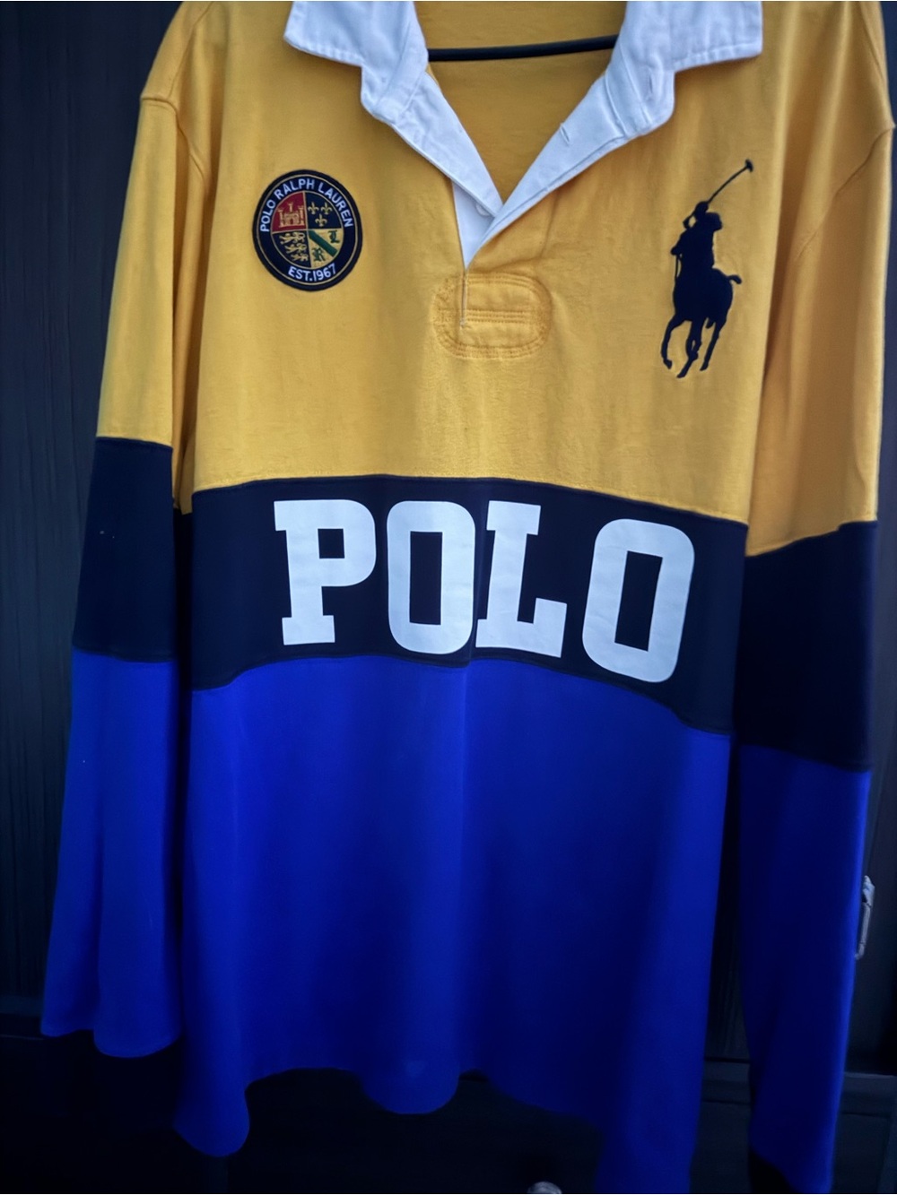 Polo by Ralph Lauren Yellow, Black & Blue Colorblock V-Neck Rugby Sweater